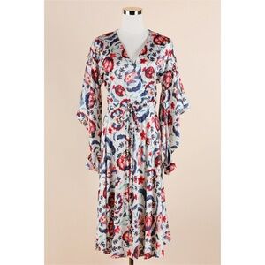Sz 4 Sachin & Babi Multi Bloom Floral Faux Wrap Silky Long Sleeve Midi Dress GUC